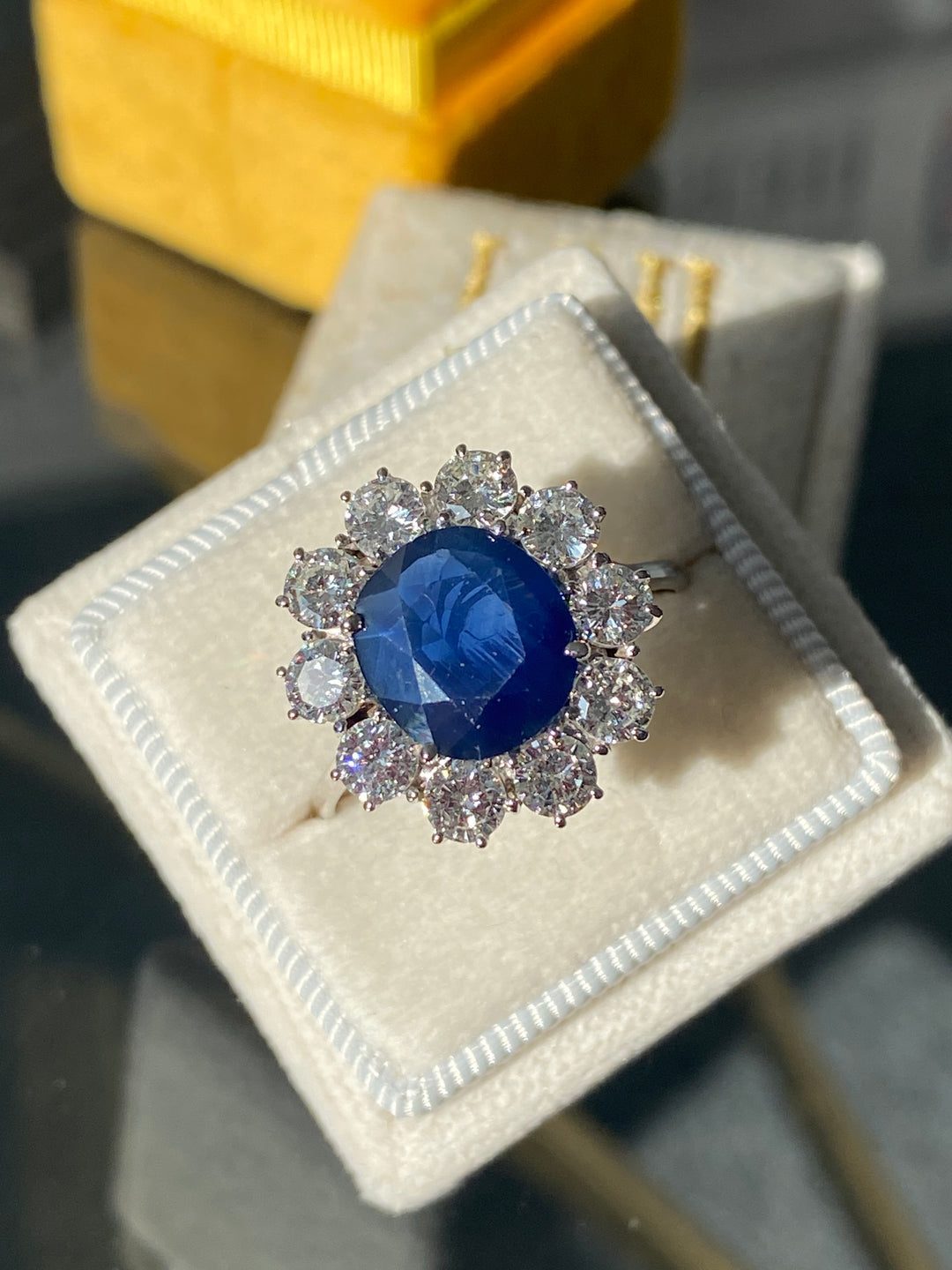 5.25 CTW Blue Sapphire and Diamond Ring Halo Ring in 18ct White Gold