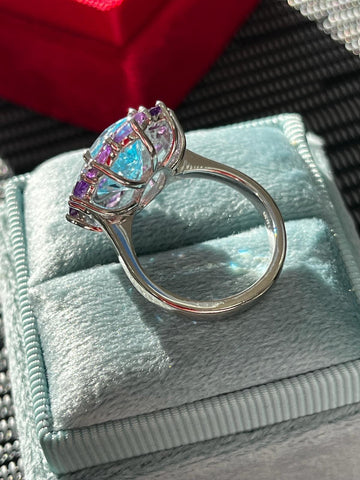 Blue Topaz and Amethyst and Halo Cocktail Ring in Sterling Silver