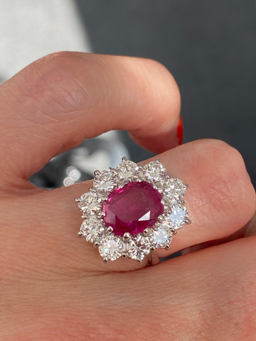 5.33 CTW Oval Ruby and Diamond Halo Vintage Engagement Ring in 14ct White Gold