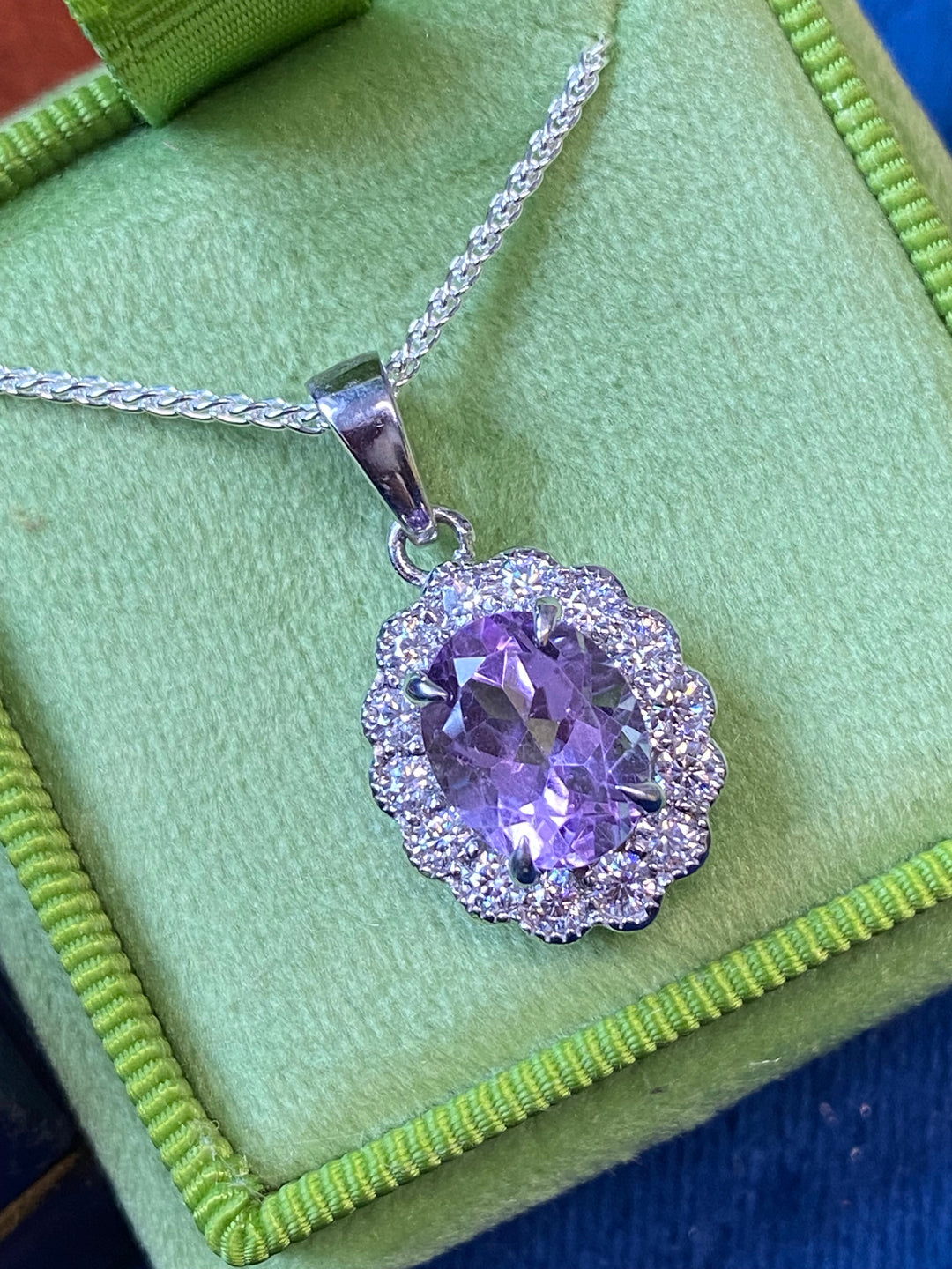 5.00 CTW Rose De France Amethyst and Moissanite Halo Pendant Necklace in Sterling Silver