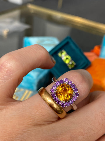 Citrine and Amethyst Halo Cocktail Ring in Sterling Silver