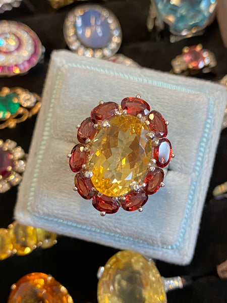 Statement Citrine and Garnet Halo Cocktail Ring in Sterling Silver