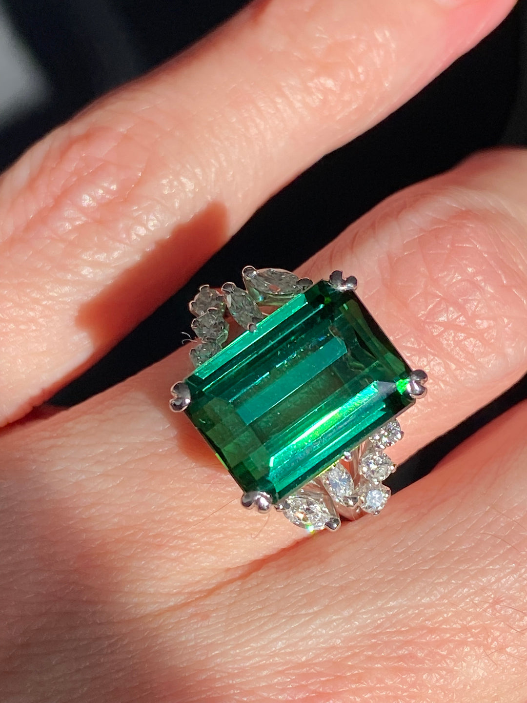 8.00 Carat Emerald Cut Green Tourmaline and Diamond Ring in 18ct White Gold