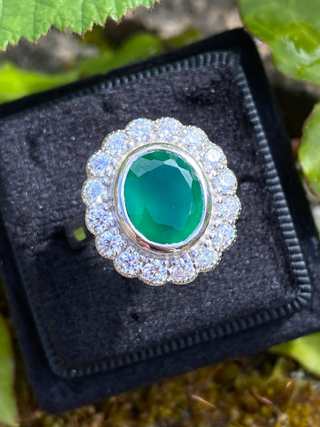 4.45 CTW Oval Cut Green Onyx and Moissanite Halo Cocktail Ring in Sterling Silver