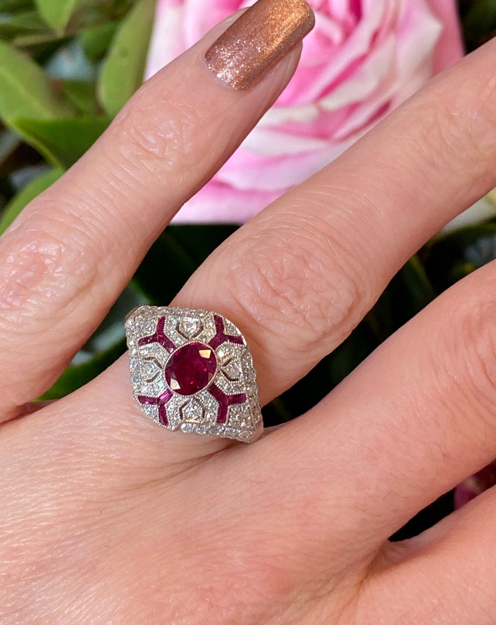 Oval Cut Ruby and Diamond Art Deco Engagement Ring in Platinum