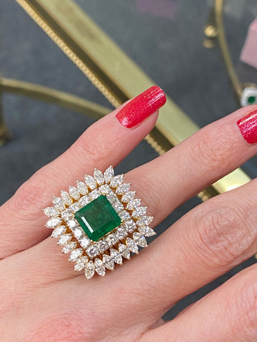 6.00 CTW Vintage Emerald and Diamond Double Halo Cocktail Ring in 18ct Yellow Gold