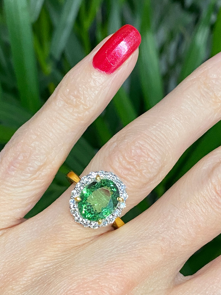 4.50 Carat Oval Tsavorite Green Garnet and Diamond Halo Engagement Ring 