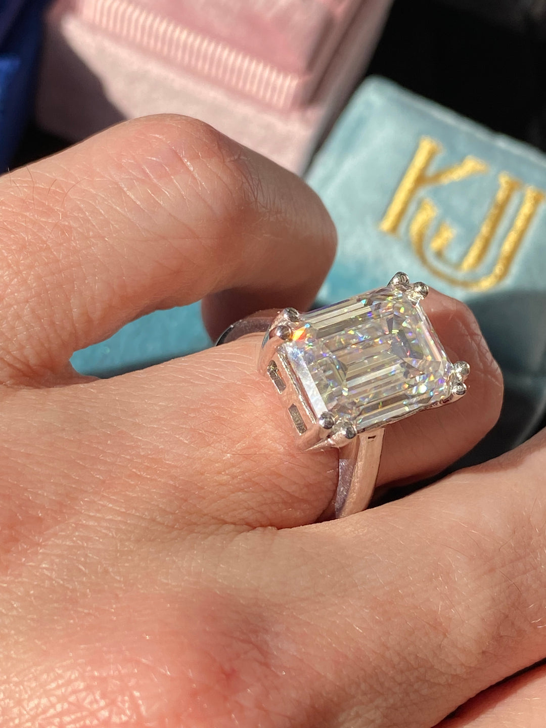 8.65 Carat Emerald Cut Moissanite Solitaire Engagement Ring in Sterling Silver / 9ct Gold / 18ct Yellow Gold