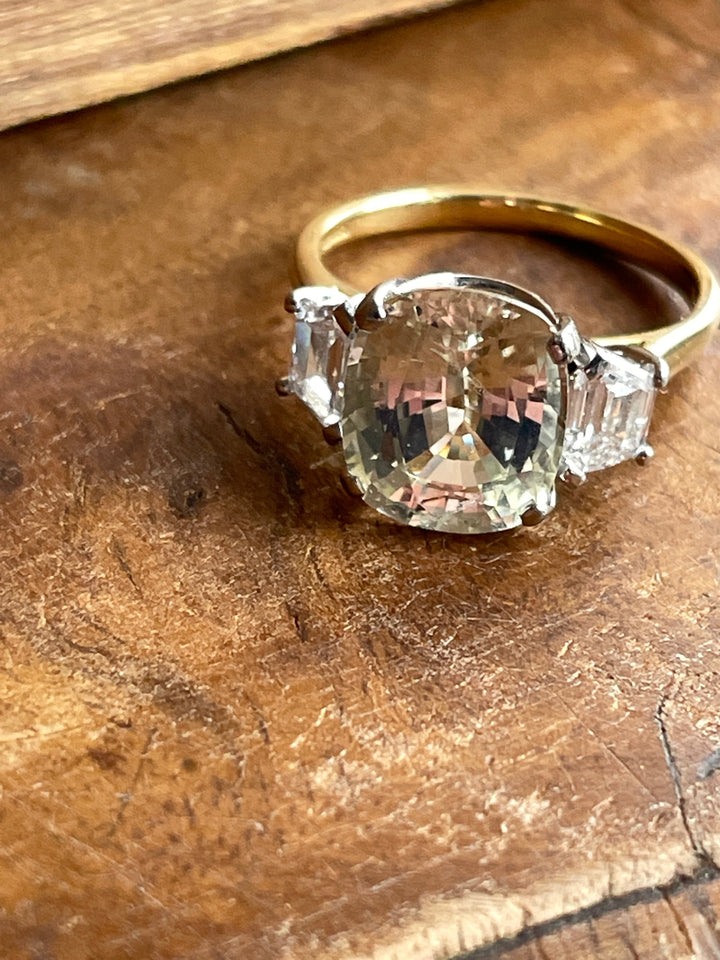 4.21 Carat Yellow Sapphire and Diamond Three Stone Ring in 18ct Yellow Gold