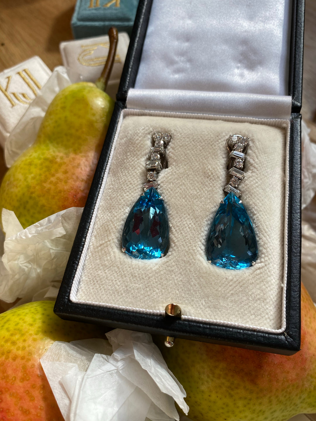 Pear Cut Aquamarine and Diamond Vintage Drop Earrings in White Gold