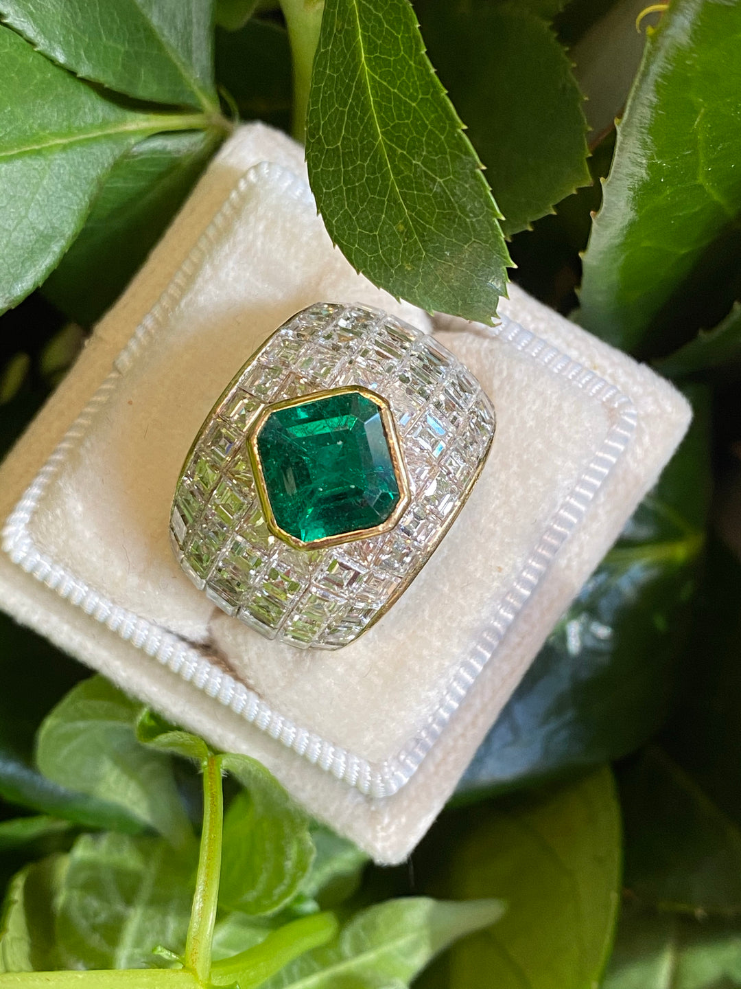 Colombian Emerald and Pave Diamond Vintage Bombe Cocktail RIng Katherine James Jewellery  