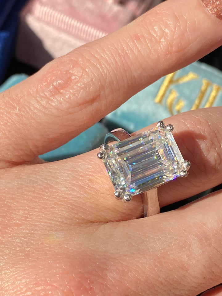 8.65 Carat Emerald Cut Moissanite Engagement Ring Katherine James Jewellery 