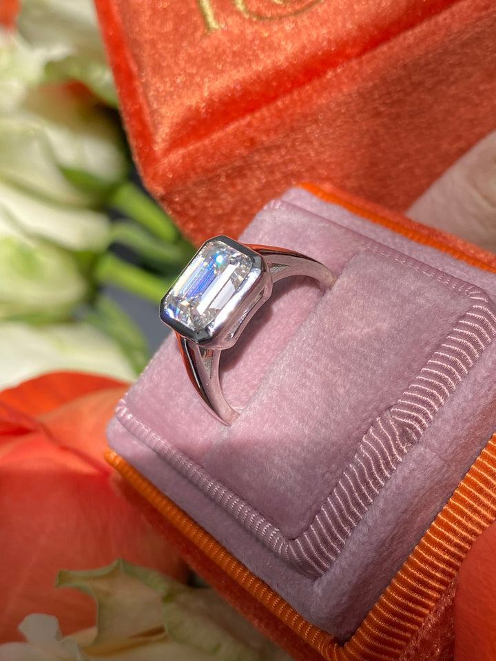 3.00 Carat Emerald Cut Moissanite East West Solitaire Ring