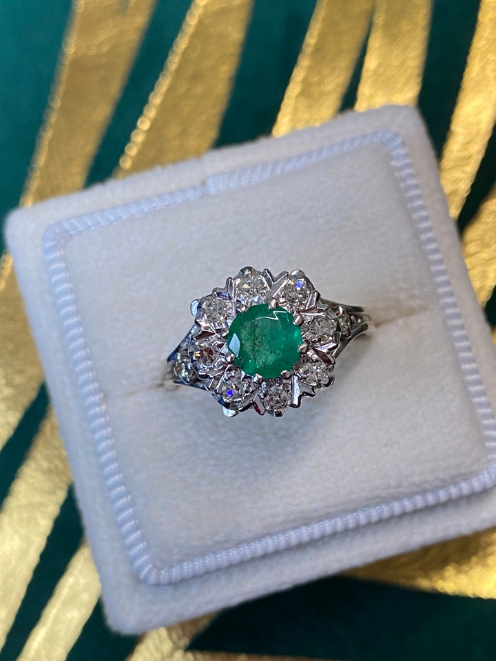 0.60 Carat Emerald and Diamond Belle Époque Halo Engagement Ring in 18ct Yellow Gold