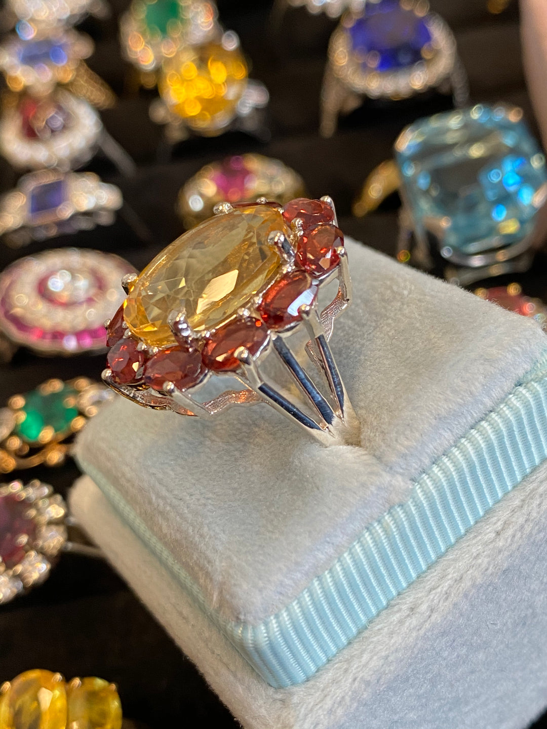 Statement Citrine and Garnet Halo Cocktail Ring in Sterling Silver
