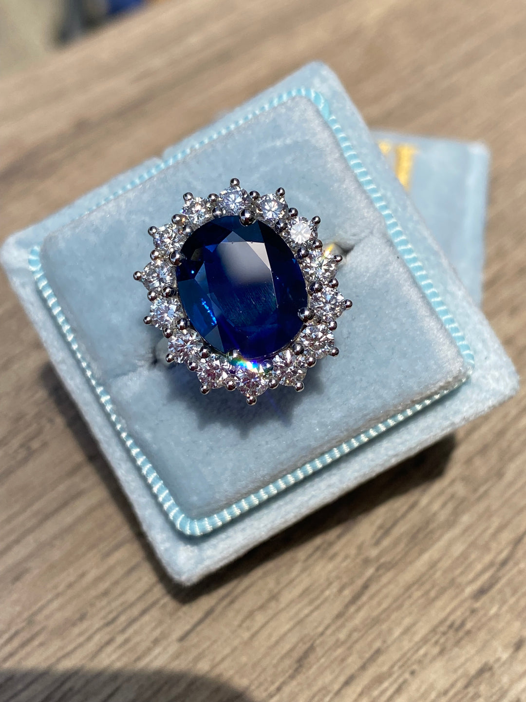 4.73 Carat Blue Ceylon Sapphire and 1.35 CTW Diamond Halo Ring in Platinum