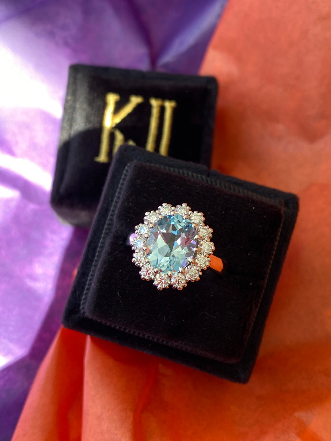 4.50 CTW Oval Cut Blue Topaz and Moissanite Halo Cluster Ring in Sterling Silver / 9ct Gold / 18ct Gold