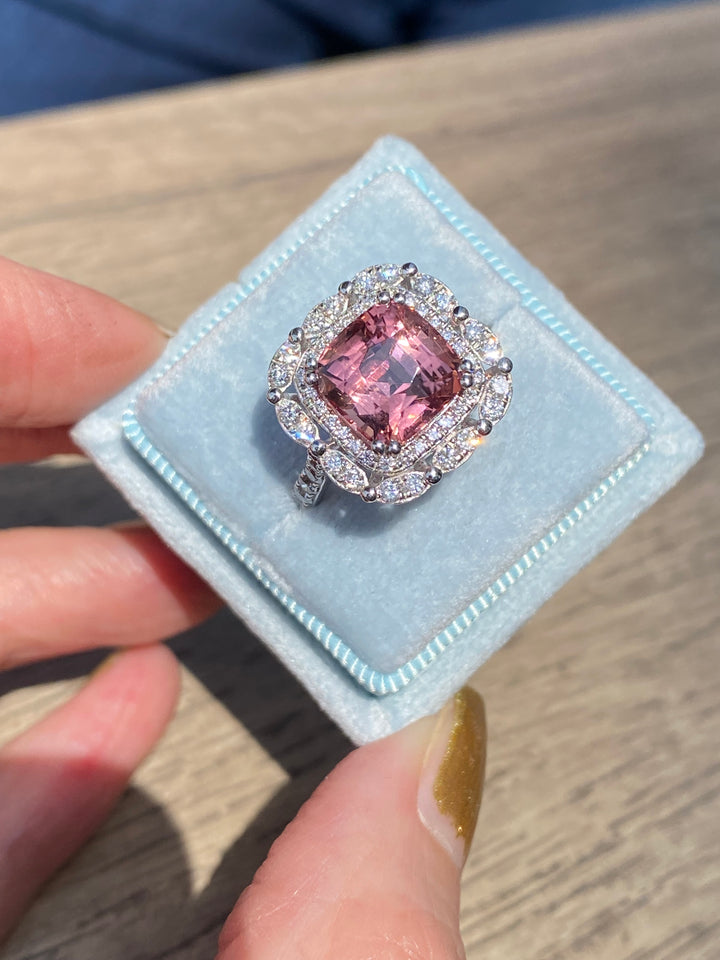4.39 Carat Cushion Cut Pink Tourmaline and Diamond Ring in Platinum