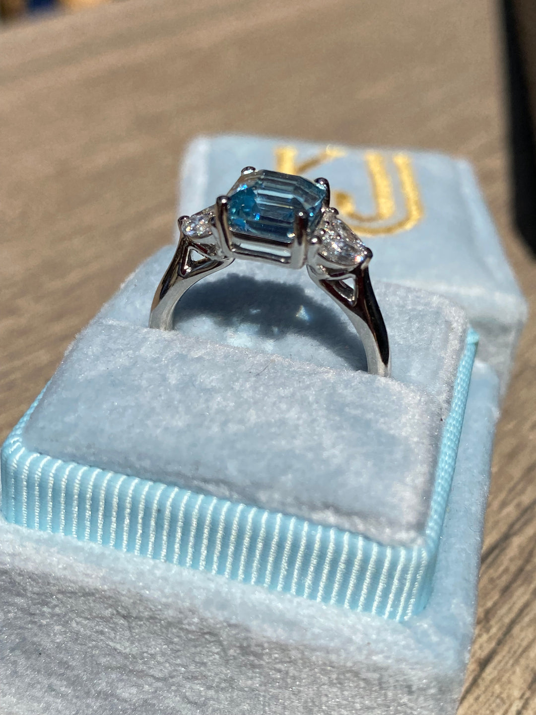 1.40 Carat Aquamarine and Diamond Three-Stone Ring in Platinum