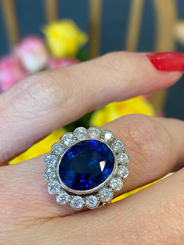 5.35 Carat Blue Ceylon Sapphire and Diamond Halo Ring in 18ct Gold
