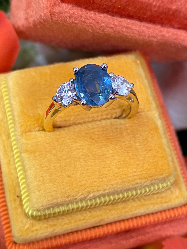 1.74 Carat Blue Ceylon Sapphire and Diamond Three Stone Engagement Ring in 18ct Yellow Gold