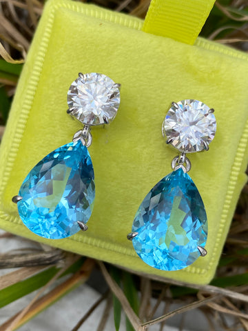 28.00 Carat Pear Cut Blue Topaz and Moissanite Earrings in Sterling Silver