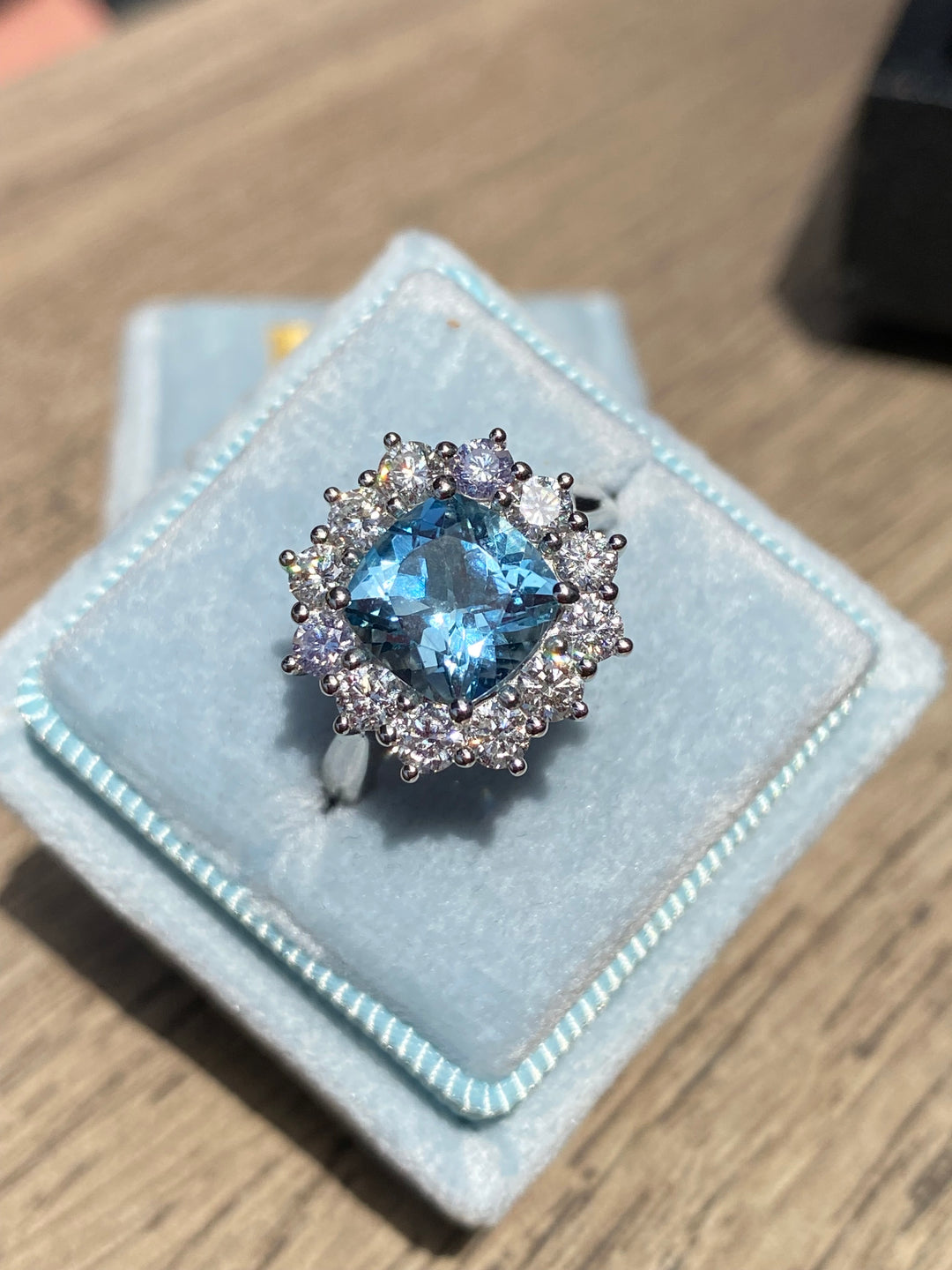 2.33 CTW Cushion Cut Aquamarine and Diamond Engagement Ring in Platinum