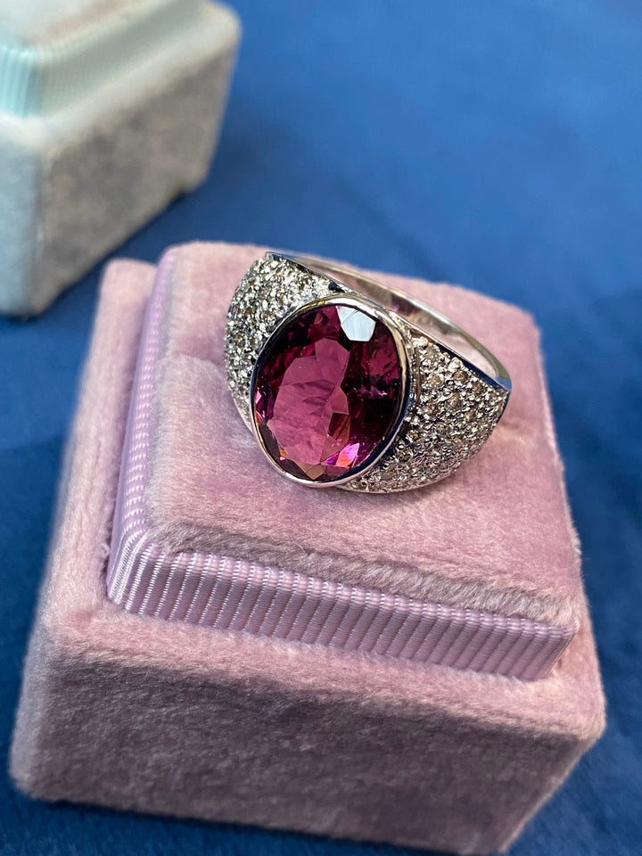 7.50 CTW Oval Cut Pink Tourmaline and Diamond Ring in 18ct White Gold