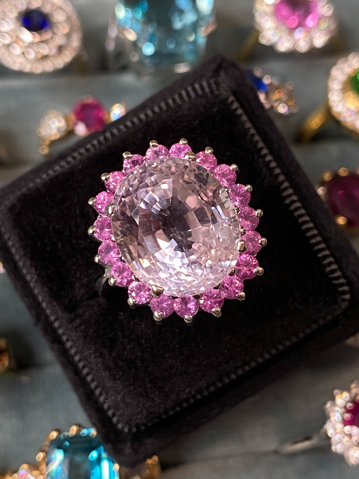 20 Carat Kunzite and Pink Sapphire Ring in 18ct White Gold