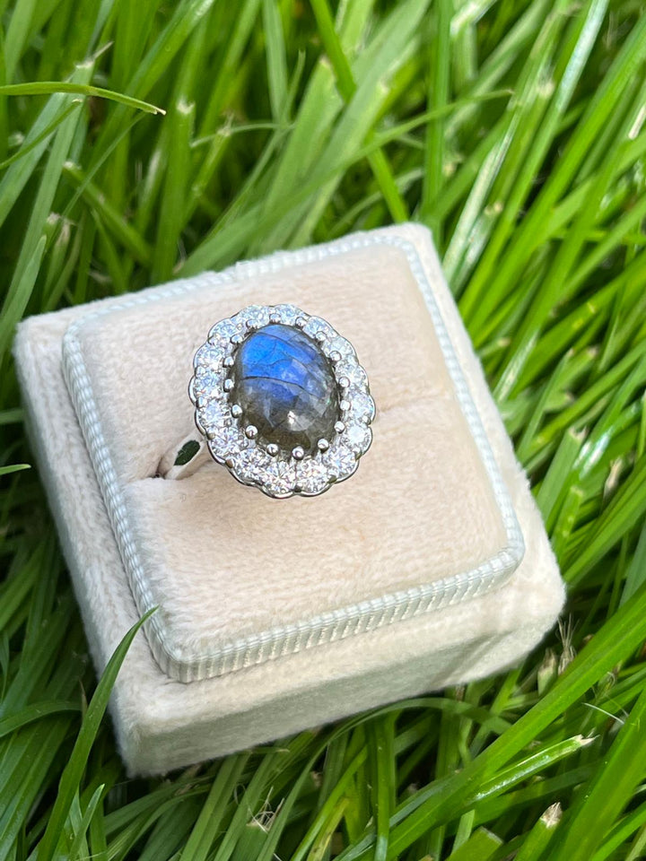 5.00 CTW Oval Cabochon Cut Labradorite and Moissanite Halo Cocktail Ring
