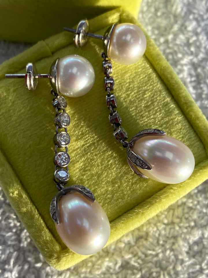 1.50ctw Diamond and South Sea Pearl Drop Earrings in 18ct White Gold