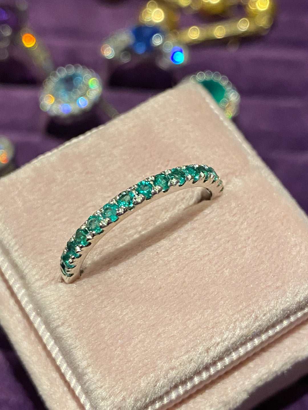 Round cut Emerald half eternity ring in Sterling Silver or 9ct Gold or 18ct Gold