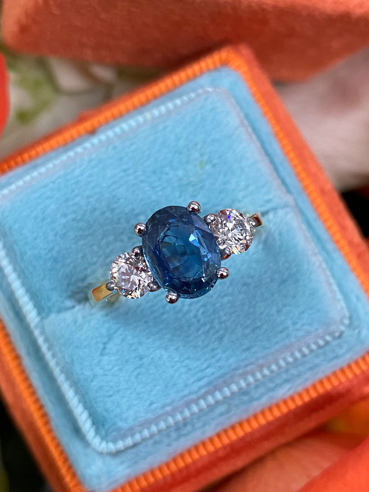 1.74 Carat Blue Ceylon Sapphire and Diamond Three Stone Engagement Ring in 18ct Yellow Gold