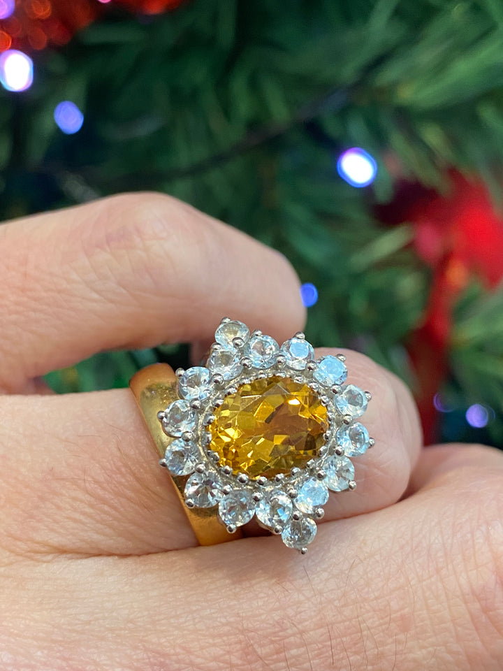 Oval-Cut Citrine and White Topaz Halo Cocktail Ring in Sterling Silver