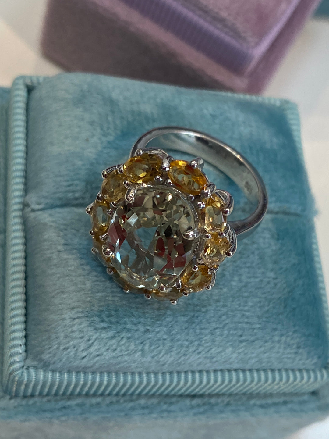 8.50 CTW Oval Green Amethyst and Citrine Halo Cocktail Ring in Sterling Silver