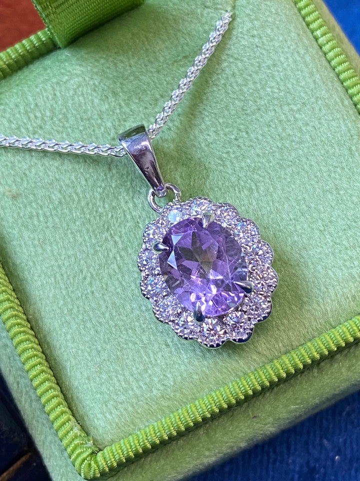 5.00 CTW Rose De France Amethyst and Moissanite Halo Pendant Necklace in Sterling Silver
