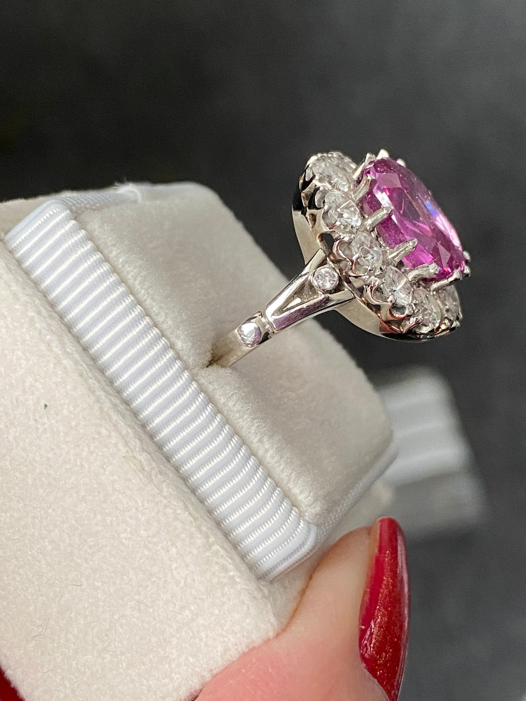 5.51 Carat Cushion Cut Pink Sapphire and 2.10ctw Diamond Halo Ring in Platinum