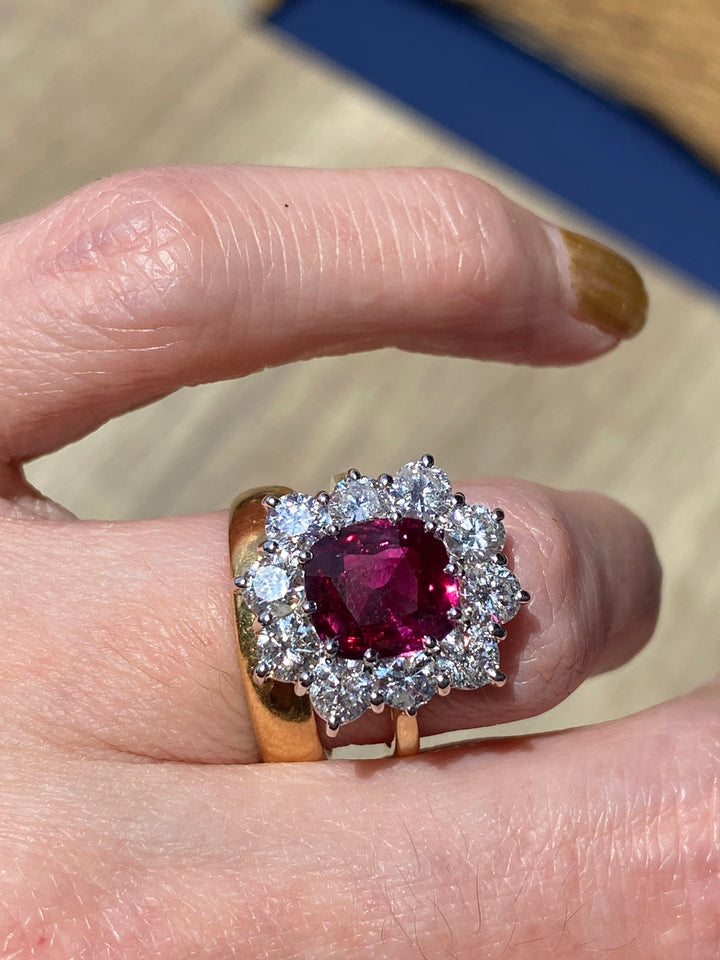 5.04 CTW No Heat Ruby and Diamond Halo Ring in 18ct Yellow Gold