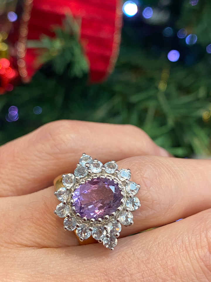 Oval-Cut Amethyst and White Topaz Halo Cocktail Ring in Sterling Silver