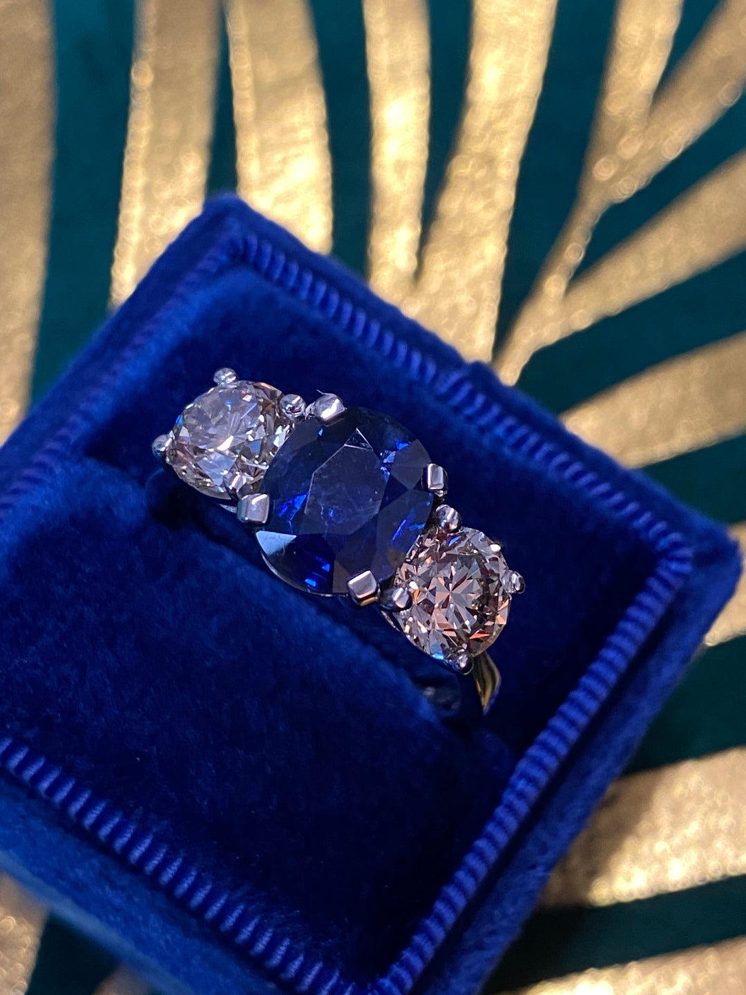 2.76ct Antique Blue Ceylon Sapphire and 2.02ct Diamond Three Stone Engagement Ring in 18ct White Gold