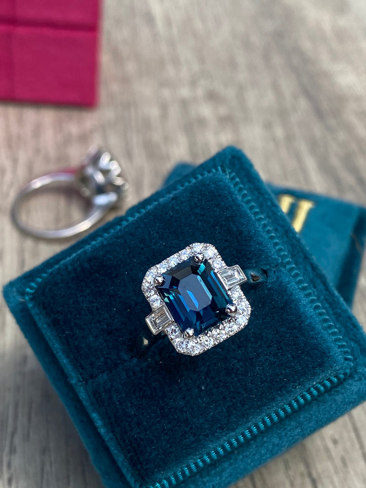 2.52 Carat Emerald Cut Teal Sapphire and Diamond Halo Ring in Platinum