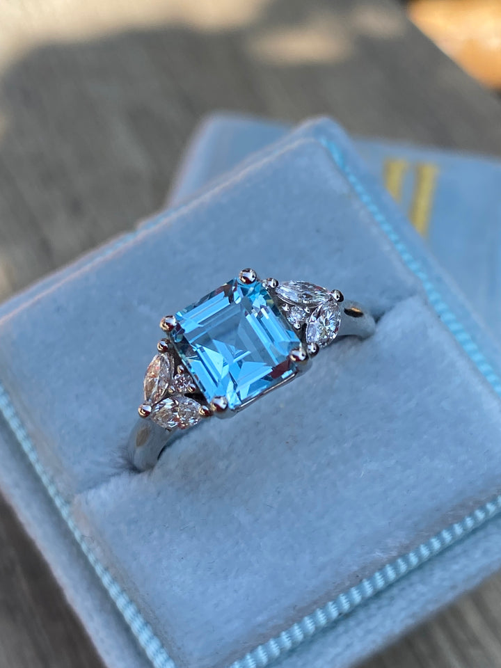 1.40 Carat Aquamarine and Diamond Three-Stone Ring in Platinum