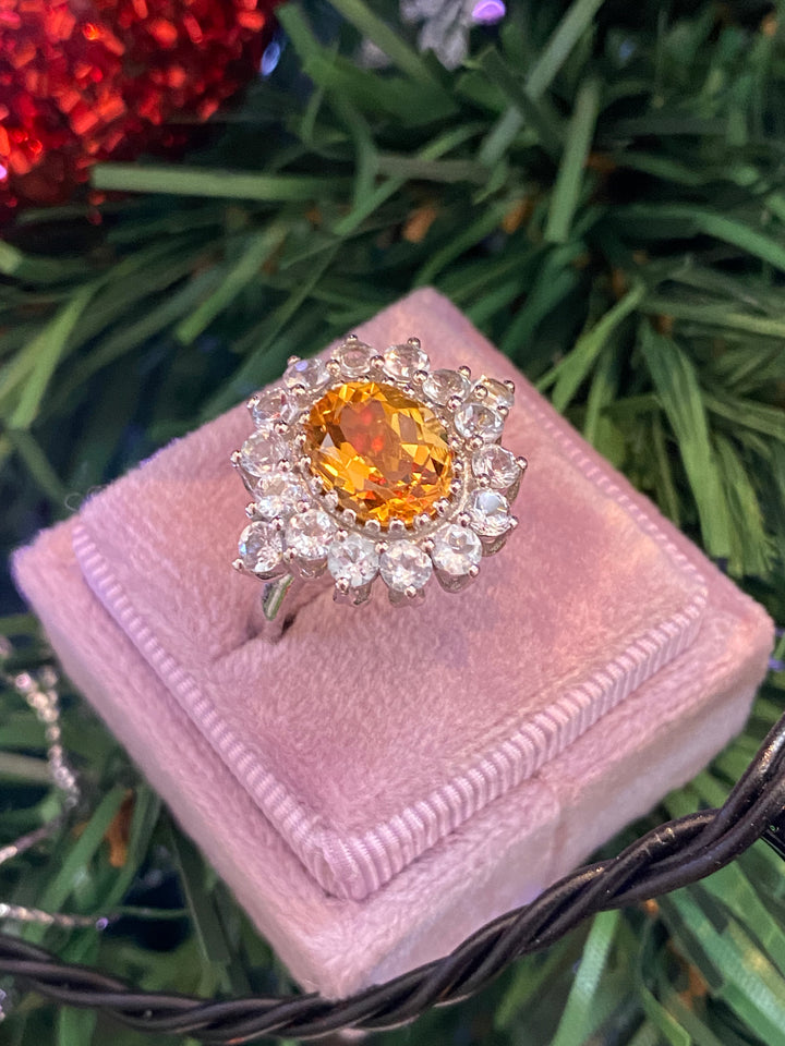 Oval-Cut Citrine and White Topaz Halo Cocktail Ring in Sterling Silver