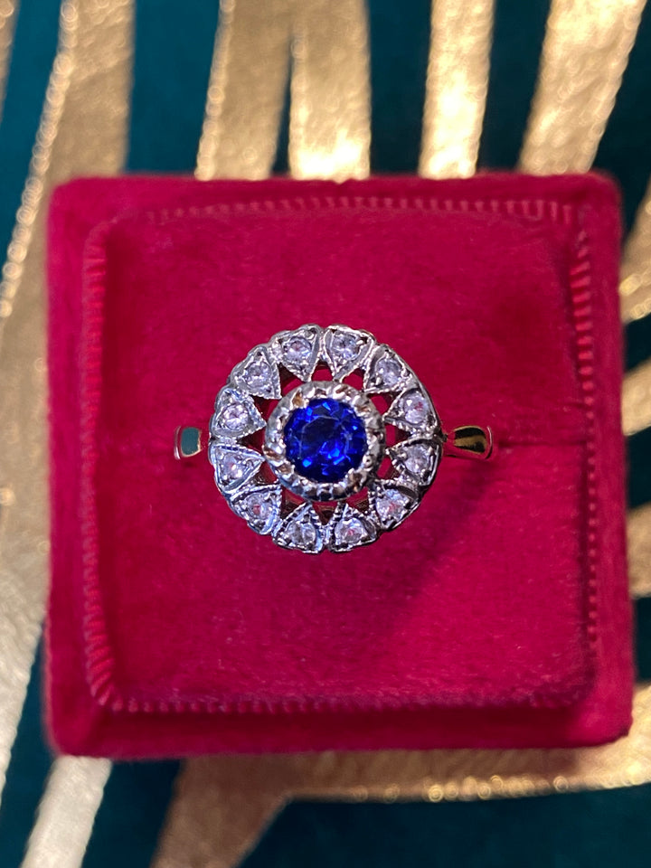 0.90 CTW Blue Sapphire and Diamond Halo Ring in 9ct White and Yellow Gold