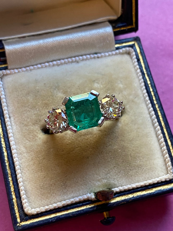 3.50 CTW Colombian Emerald and Diamond Three Stone Engagement Ring in Platinum