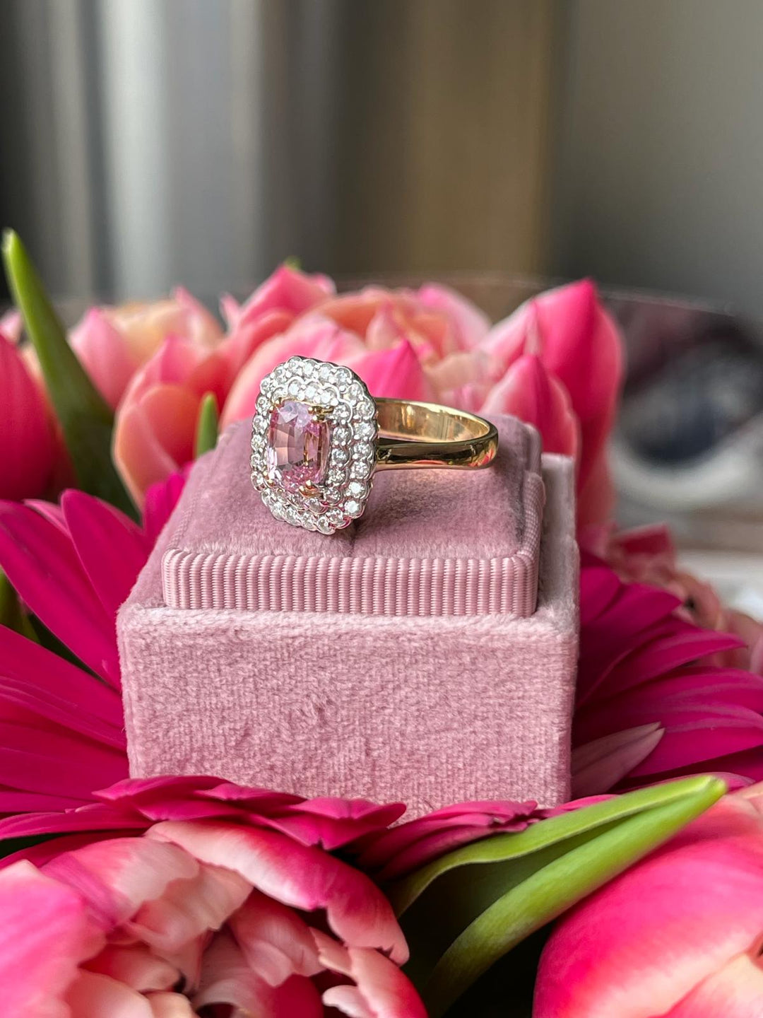 2.03 Carat No Heat Pink Sapphire and Diamond Halo Ring in 18ct Yellow Gold