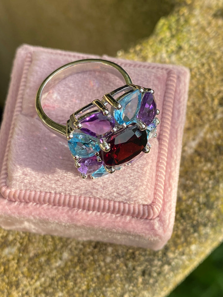 Cushion-Cut Garnet, Blue Topaz, and Amethyst Halo Cocktail Ring in Sterling Silver