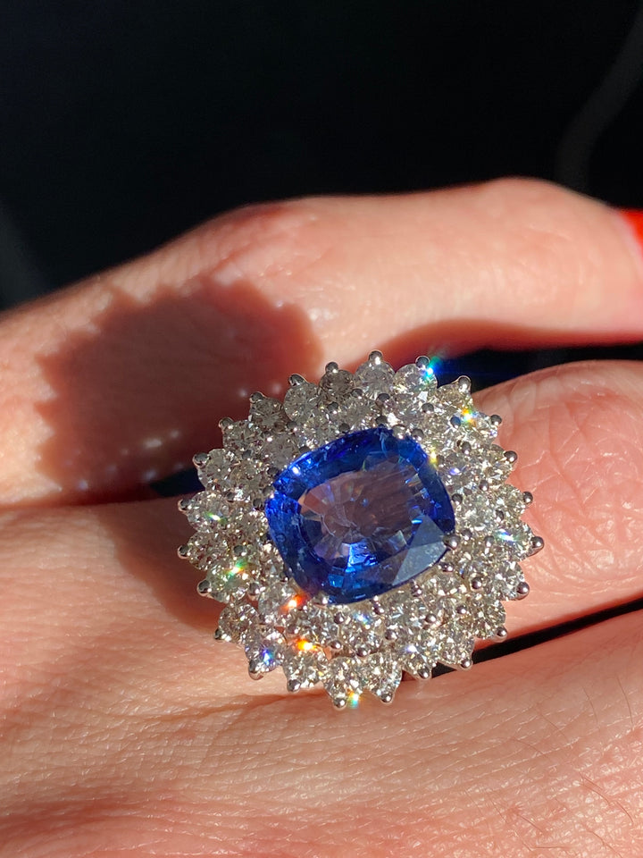 4.57 Carat Blue Ceylon Sapphire and Diamond Halo Engagement Ring in 18ct White Gold