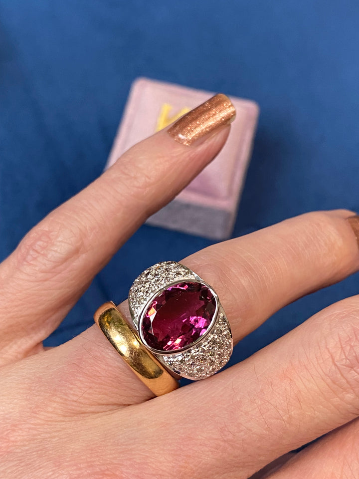 7.50 CTW Oval Cut Pink Tourmaline and Diamond Ring in 18ct White Gold