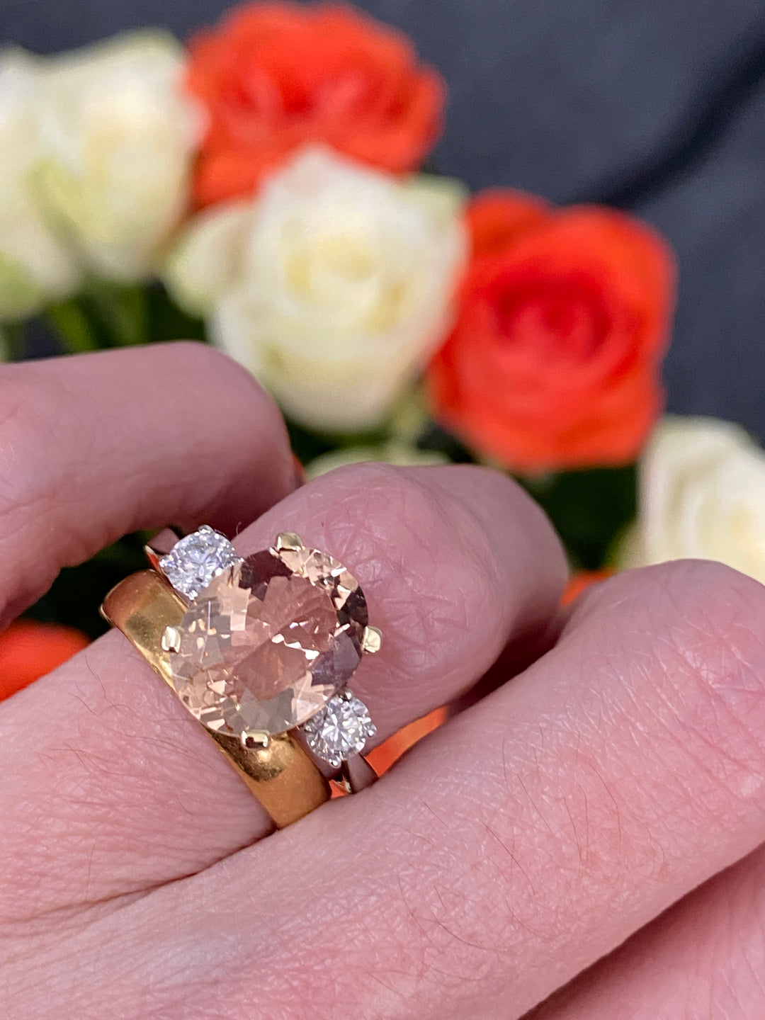 3.11ct Oval Cut Morganite and Diamond Three Stone Engagement Ring in 18ct Gold